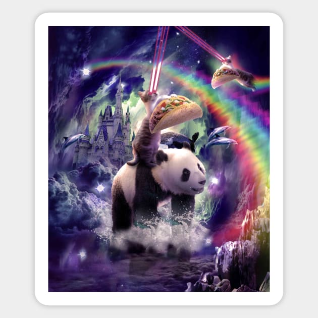 Rainbow Laser Space Cat On Panda Eating Taco Sticker by Random Galaxy